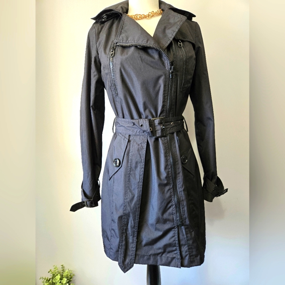 MISS SIXTY Black Belted Midi Trench Coat With Removable Hood. Size XS